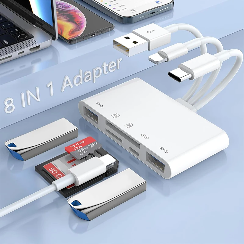 

8 In 1 SD Card Reader USB HUB For iPhone iPad MacBook Lightning/USB/Type C to SD TF Card Memory Reader Flash Drive OTG Adapter