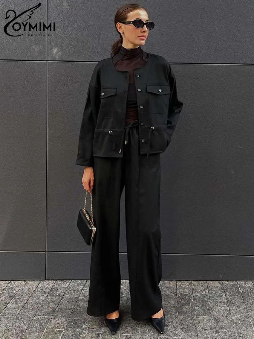 Oymimi Elegant Black Womens 2 Piece Outfit Set Fashion O-Neck Wrist Sleeve Button Pockets Shirts And Drawstring Trousers Sets
Oymimi Elegant Black Womens 2 Piece Outfit Set Fashion O-Neck Wrist Sleeve Button Pockets Shirts And Drawstring Trousers Sets
