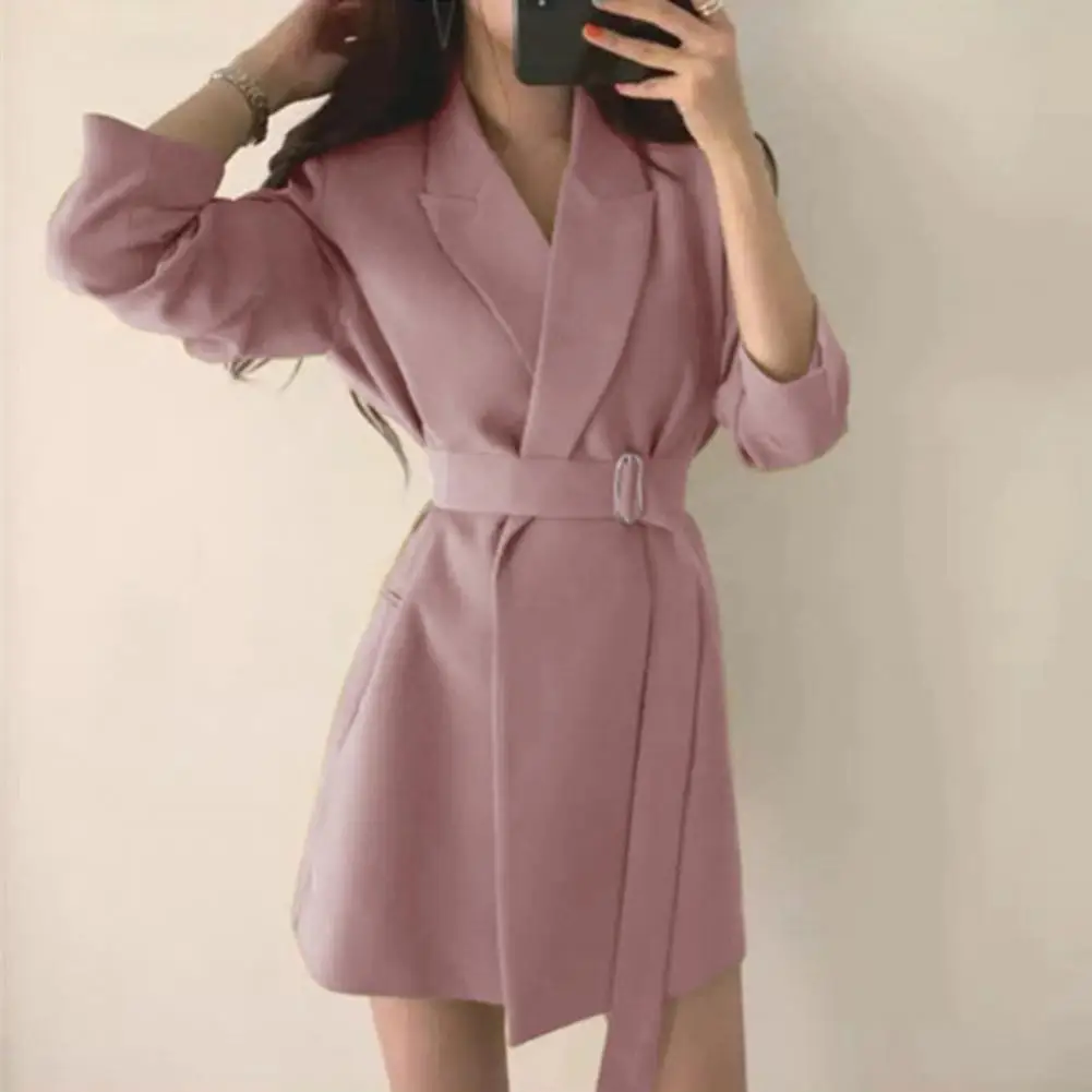 

Women Blazer Lapel Long Sleeve Belted Tight Waist Solid Color OL Style Formal Business Vintage Korean Commute Lady Suit Coat