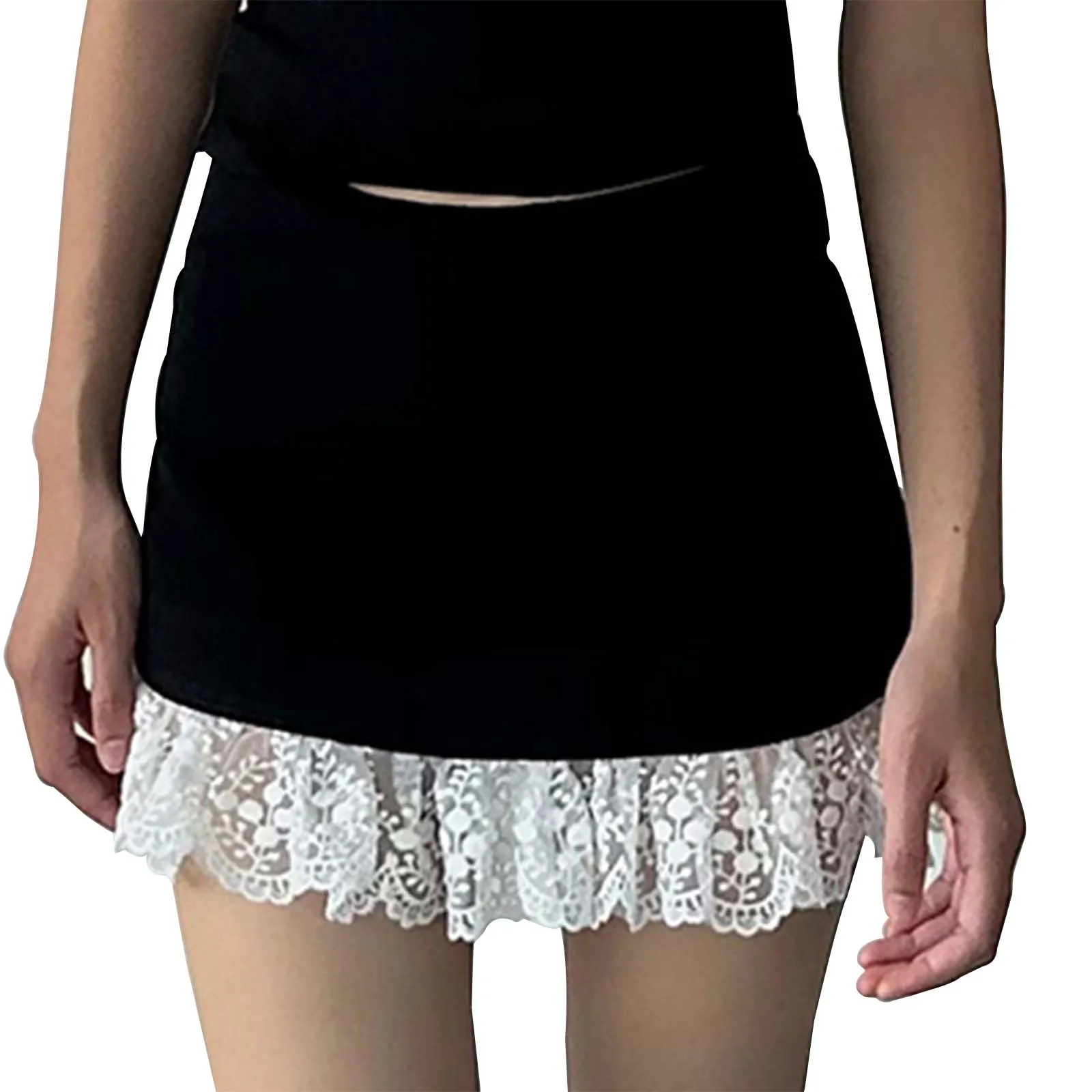

High Waisted Skirt Women's Trendy Lace Patchwork Black Skirt Crochet Embroidery Layered Design Peplum Skirts Casual Daily Wear