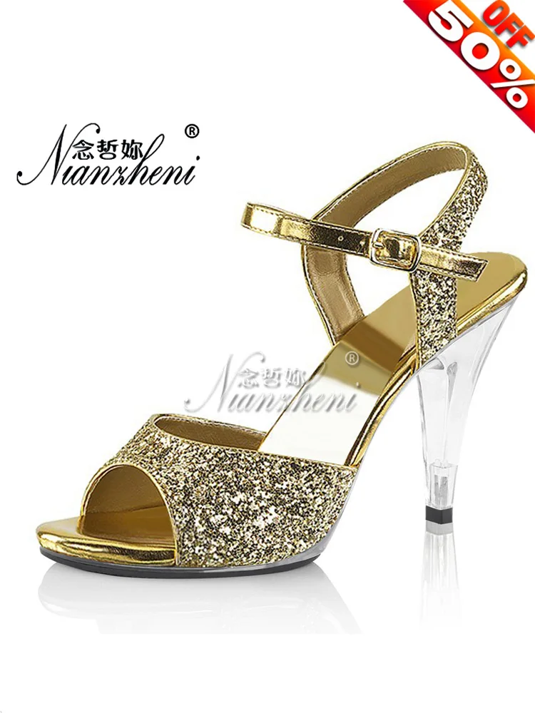 

Party 10cm Bling Sequin Sandals Nightclub Sexy Fetish Shoes Fashion 4Inches Glitter Women Stripper Heels Models Full Dress Bride