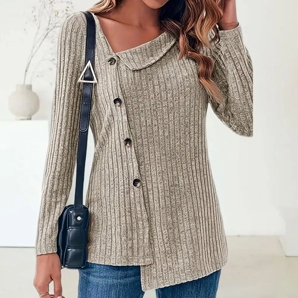 

Fall Spring Women Top Slant Neck Oblique Irregular Single-breasted Buttons Long Sleeve Knitted Lady Sweater Blouse