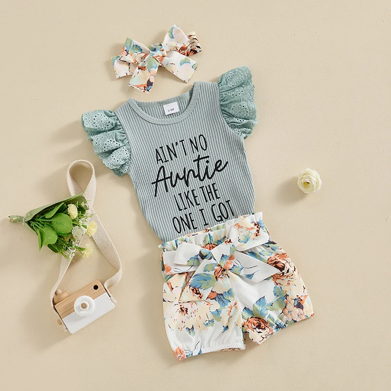 

Комплект одежды для новорожденных девочек 3 шт., комбинезон с рукавами-летучими буквами, шорты с поясом и цветочным принтом, повязка на голову