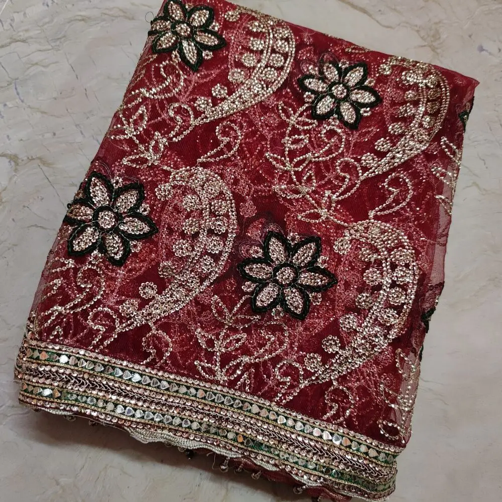 

Stunning Indian Sarees Wedding Dupatta Long Scarf Hand Embroidery Tissue Net Veil Length 185cm