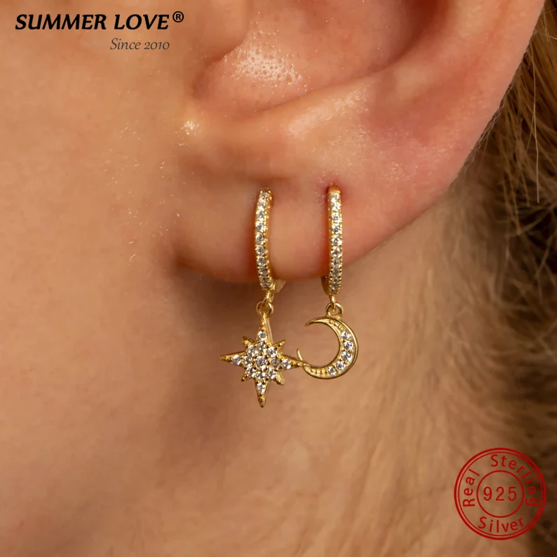 Summer Love Real 925 Sterling Slive Cubic Crystal Star and Moon Hoop Earrings for Women Girls Fine Jewelry 2023 Dropshipping 
Summer Love Real 925 Sterling Slive Cubic Crystal Star and Moon Hoop Earrings for Women Girls Fine Jewelry 2023 Dropshipping