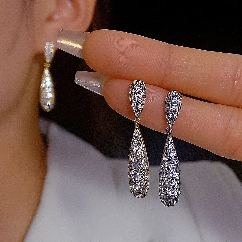 

Micro-inlaid zircon Long Water Drop Dangle Earrings Korean Fashion Sweet Simple Romantic Charming Stud Ear Jewelry