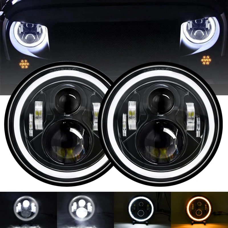

7 Inch 100W Car LED Headlights DRL Turn Signal Light LED Halo Ring Angel Eyes Lights For JK TJ LJ CJ H1 H2