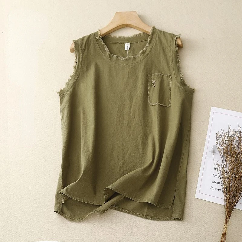 

Loose Sleeveless T-shirt Linen O-Neck Burr Edge Design Fashion Tanks & Camis Casual Versatile Army Green Tank Top Summer 2024