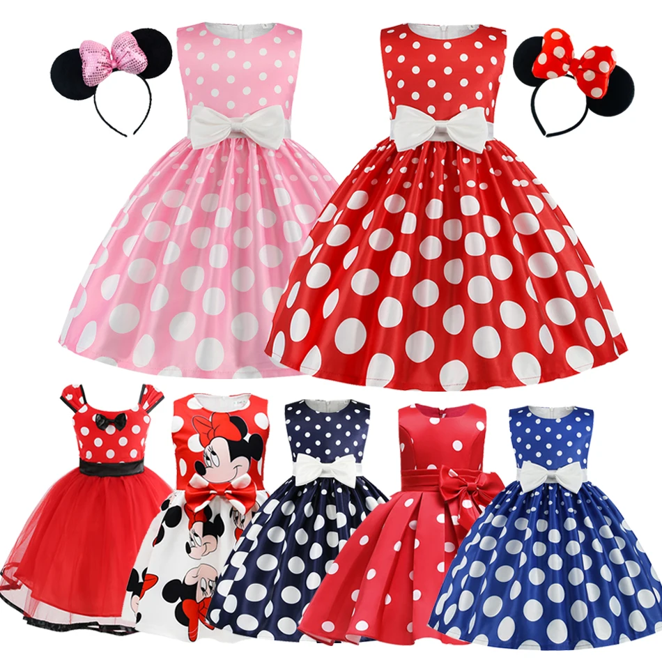 

2023 Infant Girls Minnie Mickey Dress Toddler Kids Summer Costume Polka Dot Print Clothes Children Fancy Dress Up