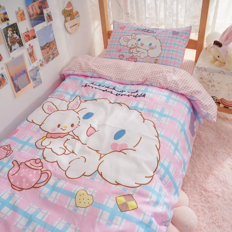 

Удобное постельное белье Hello kitty Kuromi, удобное постельное белье Sanrio, мультяшное аниме, двойная простыня, пододеяльник, Комплект постельного белья из четырех предметов