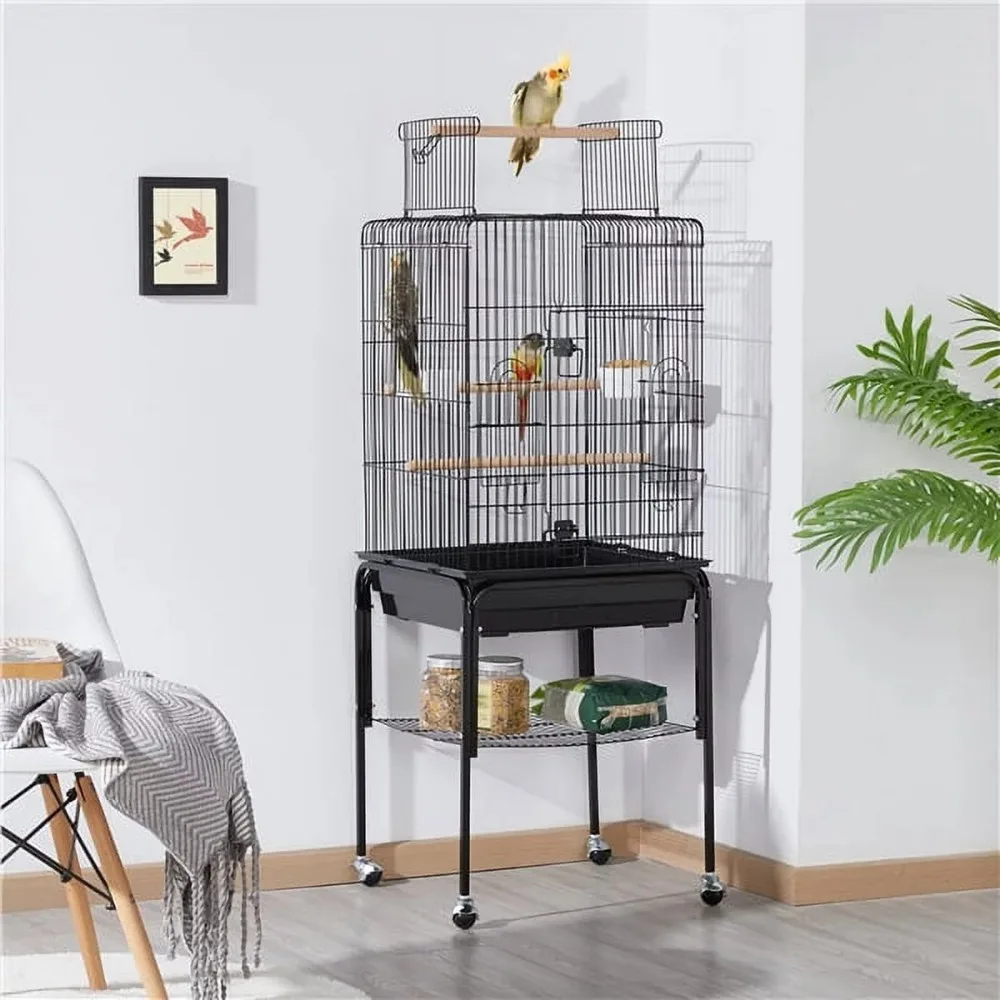 

53.5" Metal Rolling Bird Cage with Play Top Stand, Dark Gray