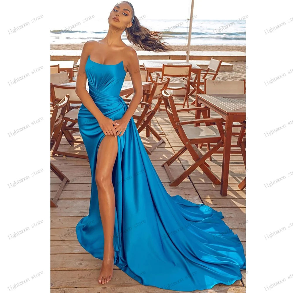

Simple Evening Dresses Graceful Sky Blue Prom Dress Sexy Ball Gowns Satin Pleat High Slit Strapless Robes 2024 Vestidos De Gala