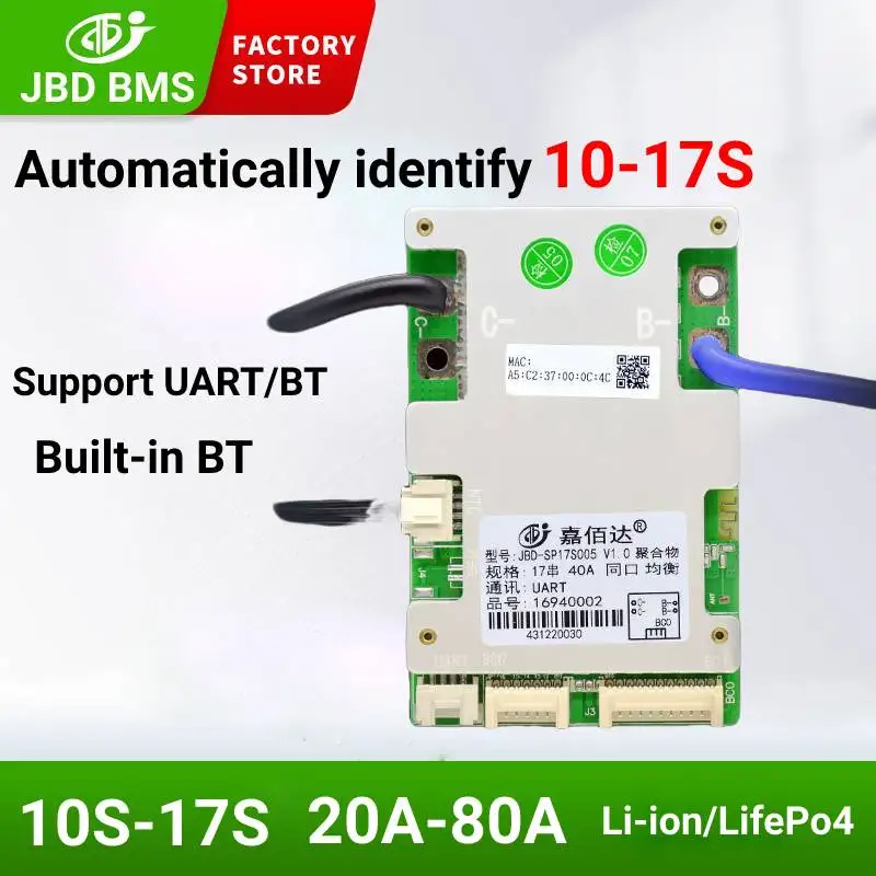 JiaBaiDa Automatically Identify 10s-17s 36V 48V 60V 20A-120A Lithium Ion Battery Smart BMS with Built-in BT UART NTC
JiaBaiDa Automatically Identify 10s-17s 36V 48V 60V 20A-120A Lithium Ion Battery Smart BMS with Built-in BT UART NTC