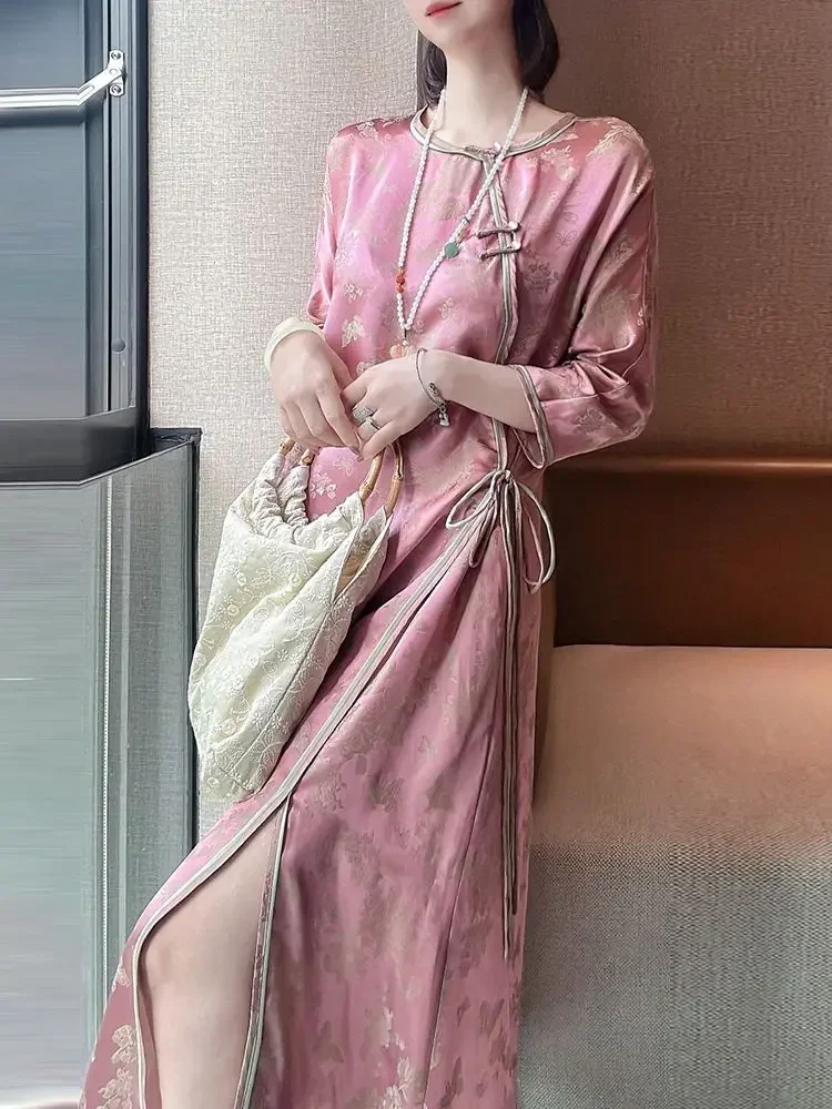 

Chinese Traditional Qipao Cheongsam Chi-pao Women's Printed Imitation Silk Dress High End Elegant Sweet Pink Split Long Dress