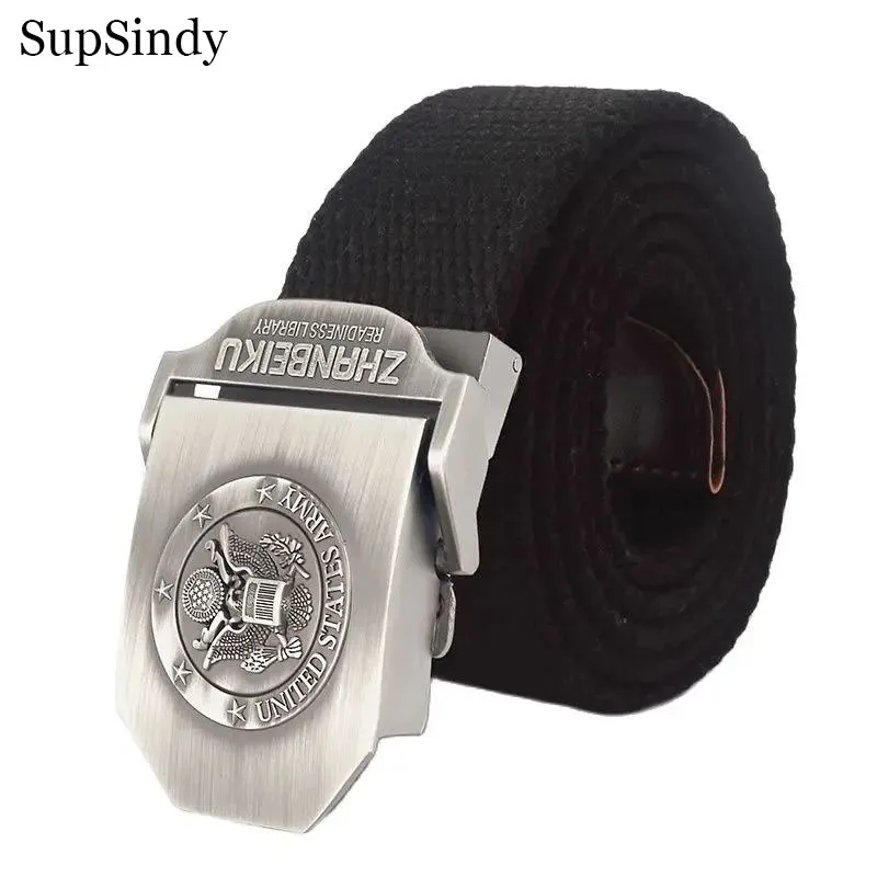 

SupSindy Men Canvas Belt US Army Eagle Metal Buckle Military Tactical Belts for Men Jeans Waistband Soldier Male Strap Black