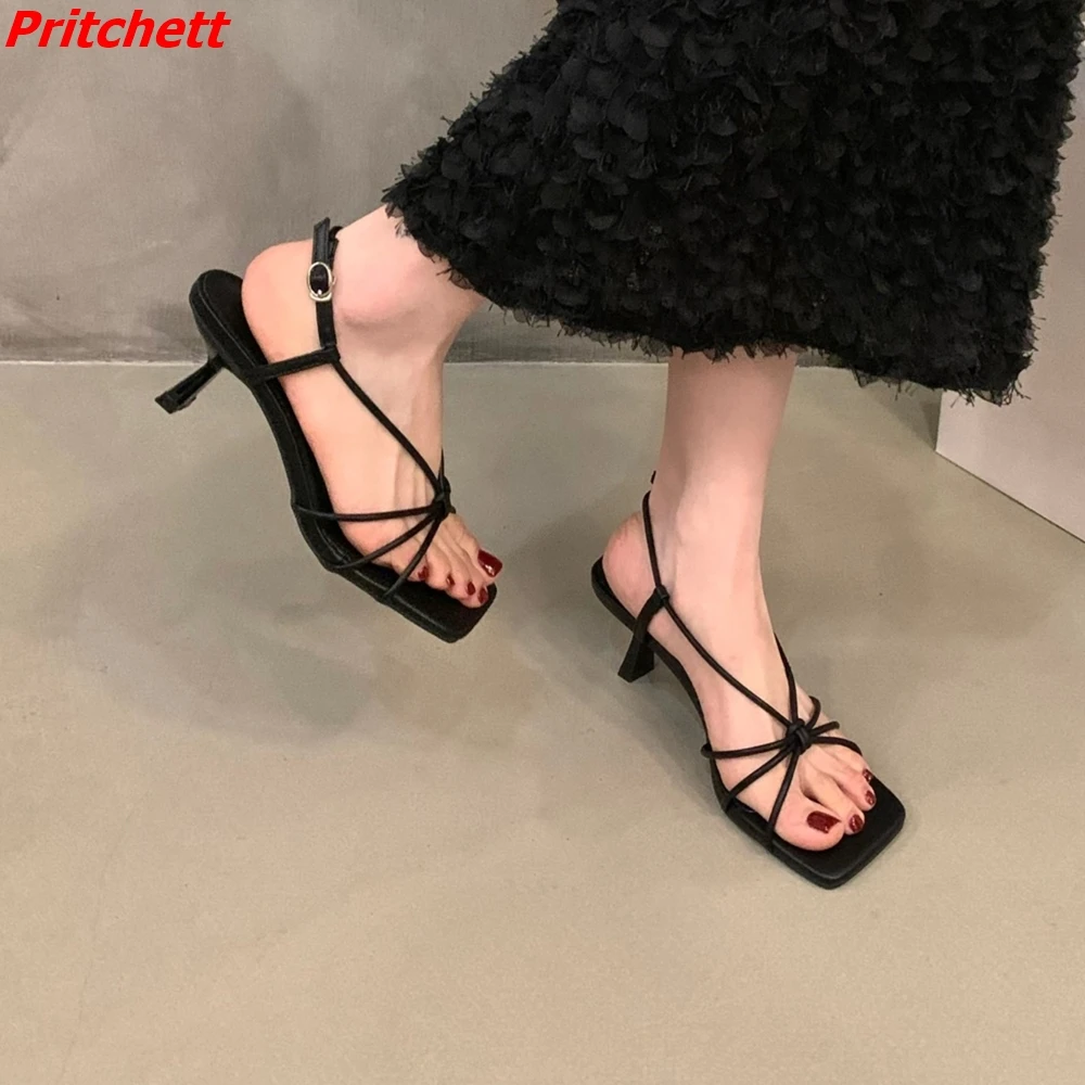 

Solid Slingback Cross Tied Women Sandals Square Toe Ankle Buckle Concise Stilletto Heels 2023 New Arrivals Summer Fashion Shoes