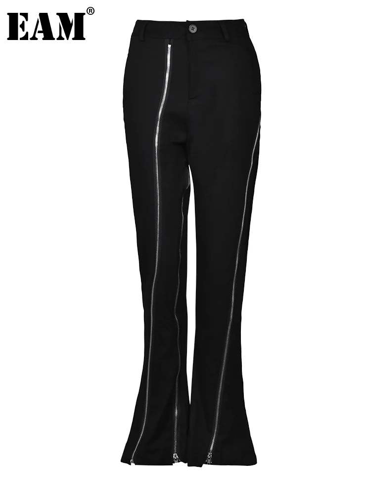 

[EAM] High Waist Black Zipper Irregular Long Flare Pants New Loose Fit Trousers Women Fashion Tide Spring Autumn 2024 1DF8572