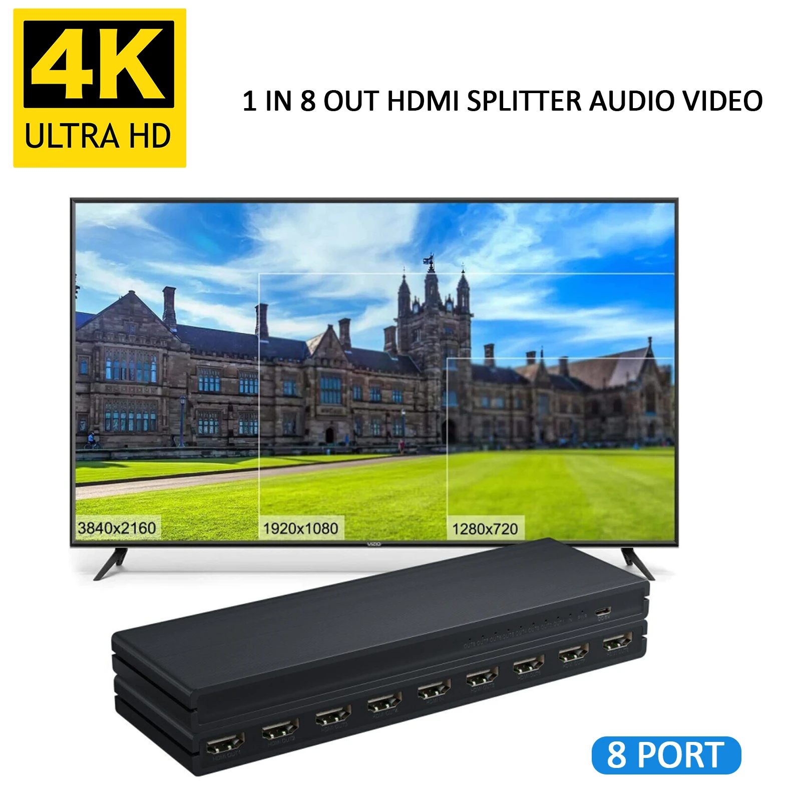 Сплиттер 1 х8, 4K, 30 Гц, 1 в 8 выключатель, преобразователь видеодистрибьютора, Разделенный экран для DVD, PS3, Xbox, HDTV, дисплей на рынке
Сплиттер 1 х8, 4K, 30 Гц, 1 в 8 выключатель, преобразователь видеодистрибьютора, Разделенный экран для DVD, PS3, Xbox, HDTV, дисплей на рынке