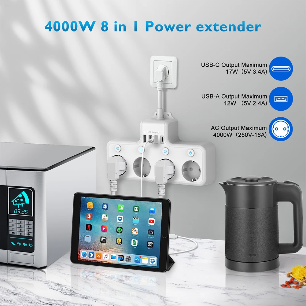 16A 4000W EU Plug Power Strip With 4 USB Ports Power Socket Power Strip Wall Mount Power Cord Power Strip Home Adapter
16A 4000W EU Plug Power Strip With 4 USB Ports Power Socket Power Strip Wall Mount Power Cord Power Strip Home Adapter