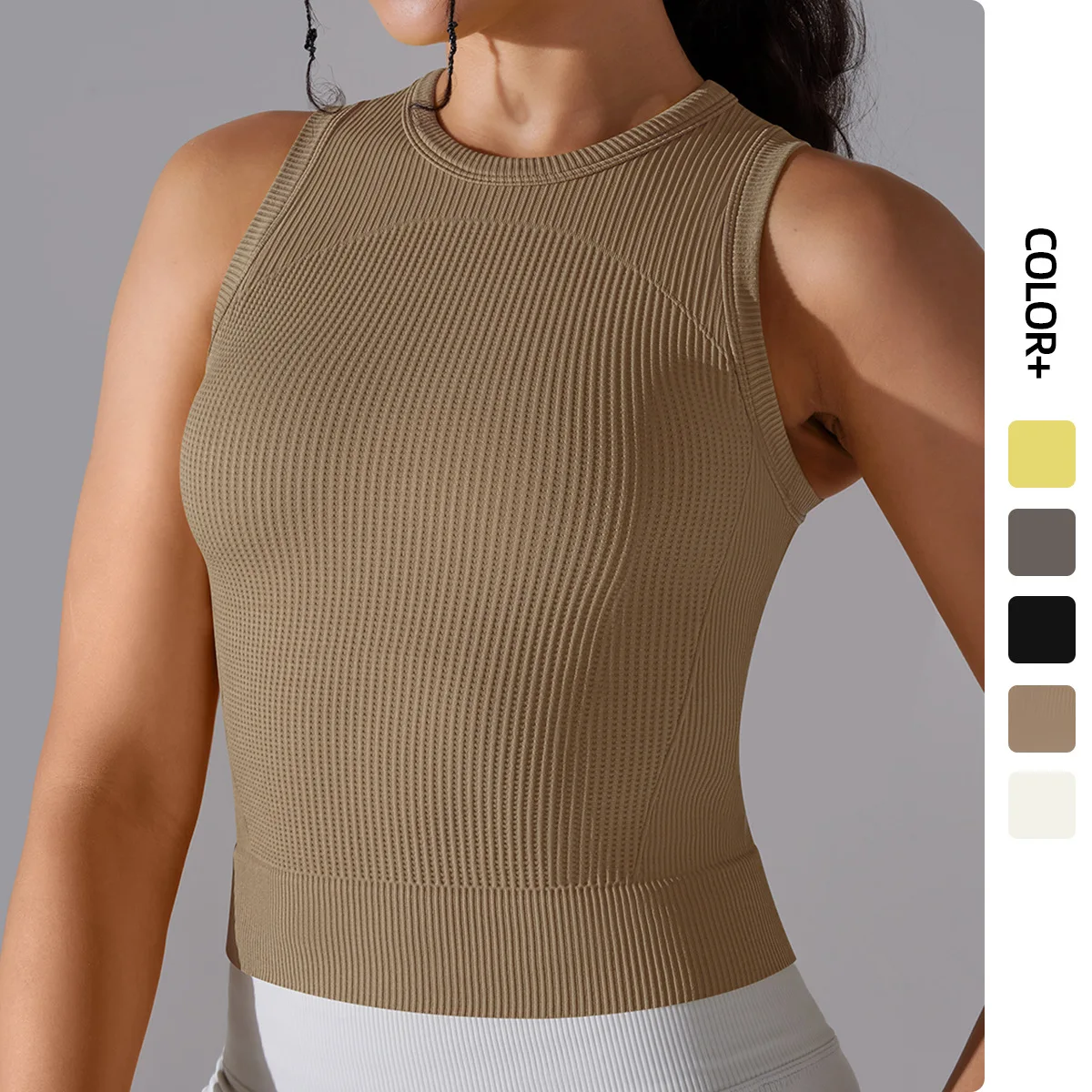

Crop Top Women Athletic Sports Tank Seamless Streetwear Elastic Rib-Knit Sleeveless Yoga Vest Tee Stretchy Gym Tight