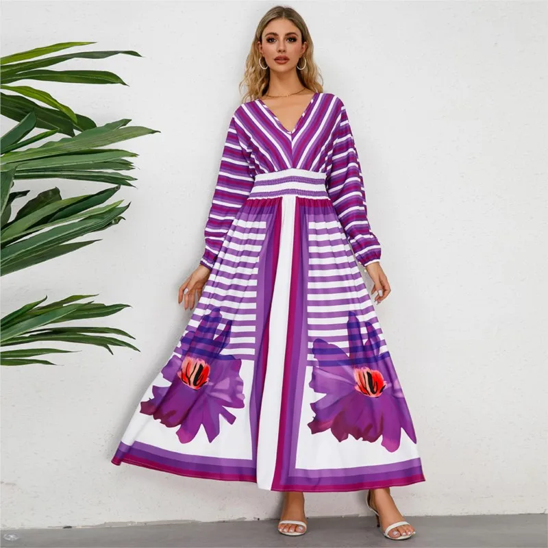 2023 New Fashion Elegant Large Slim Fit Long Sleeve V-Neck Lace Up Waist Stripe Print A-line Large Swing Long Dress For Women
2023 New Fashion Elegant Large Slim Fit Long Sleeve V-Neck Lace Up Waist Stripe Print A-line Large Swing Long Dress For Women