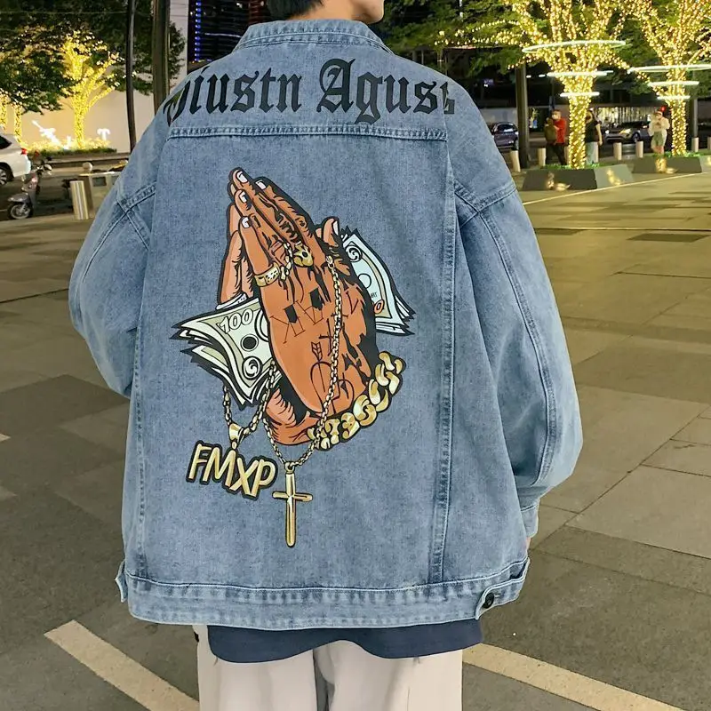 

American West Coast Denim Jacket Men Fashion Brand The Praying Hands High Street Hiphop Cotton Coat Autumn Winter Men's Clothing