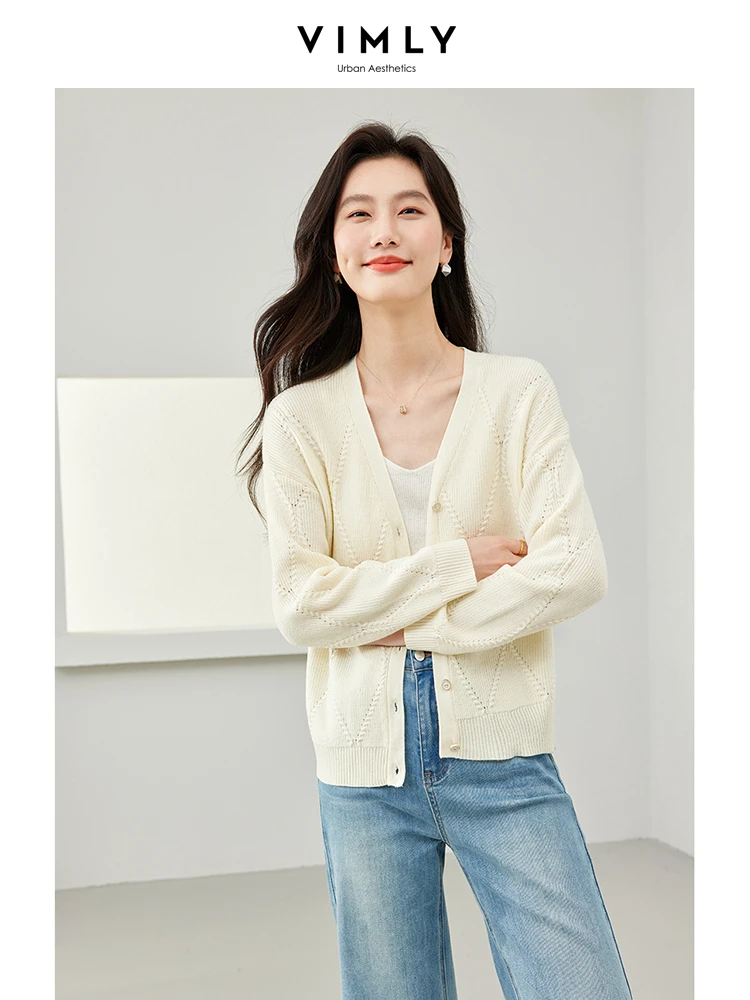 

Vimly Argyle V-neck Wool Blend Knitted Cardigans 2024 Spring High Strecth Soft Female Knitwear Apricot Simple Sweater Coat 72908