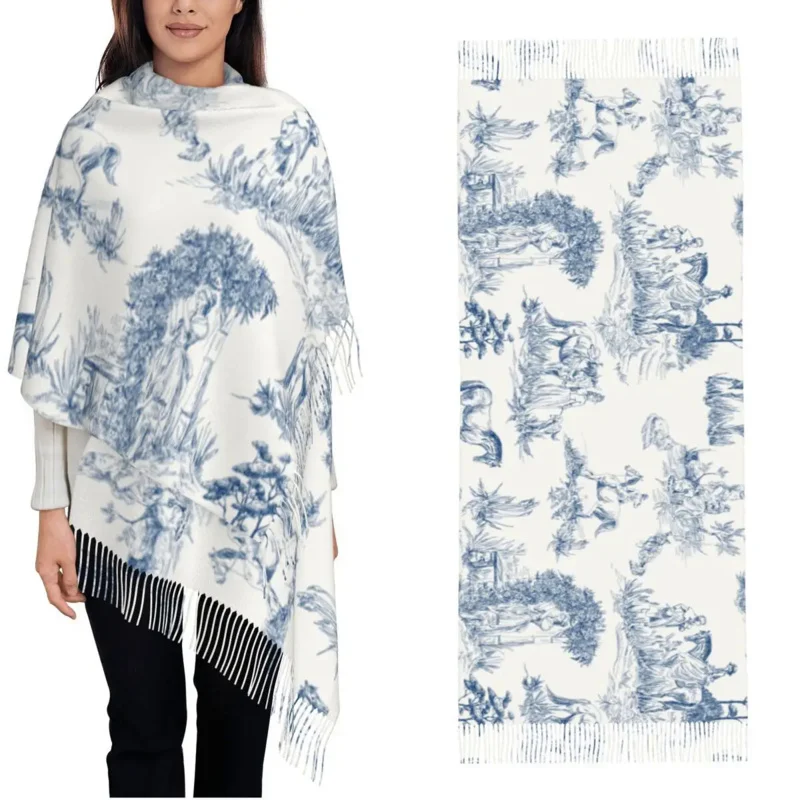 

French 18Th Centurey Prints Toile De Jouy For Women Warm Winter Pashmina Shawl Wrap Old Landscapes Countryside Long Scarf