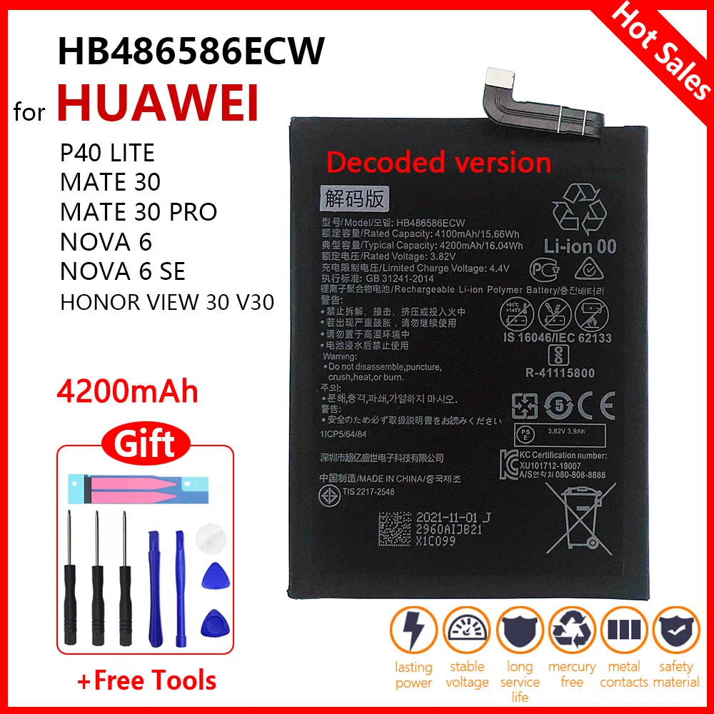 

100% подлинный HB486586ECW 4200 мАч аккумулятор для Huawei Mate 30/Mate 30 Pro Nova 6/Nova 6 SE Honor VIew 30 V30 батареи + Инструменты