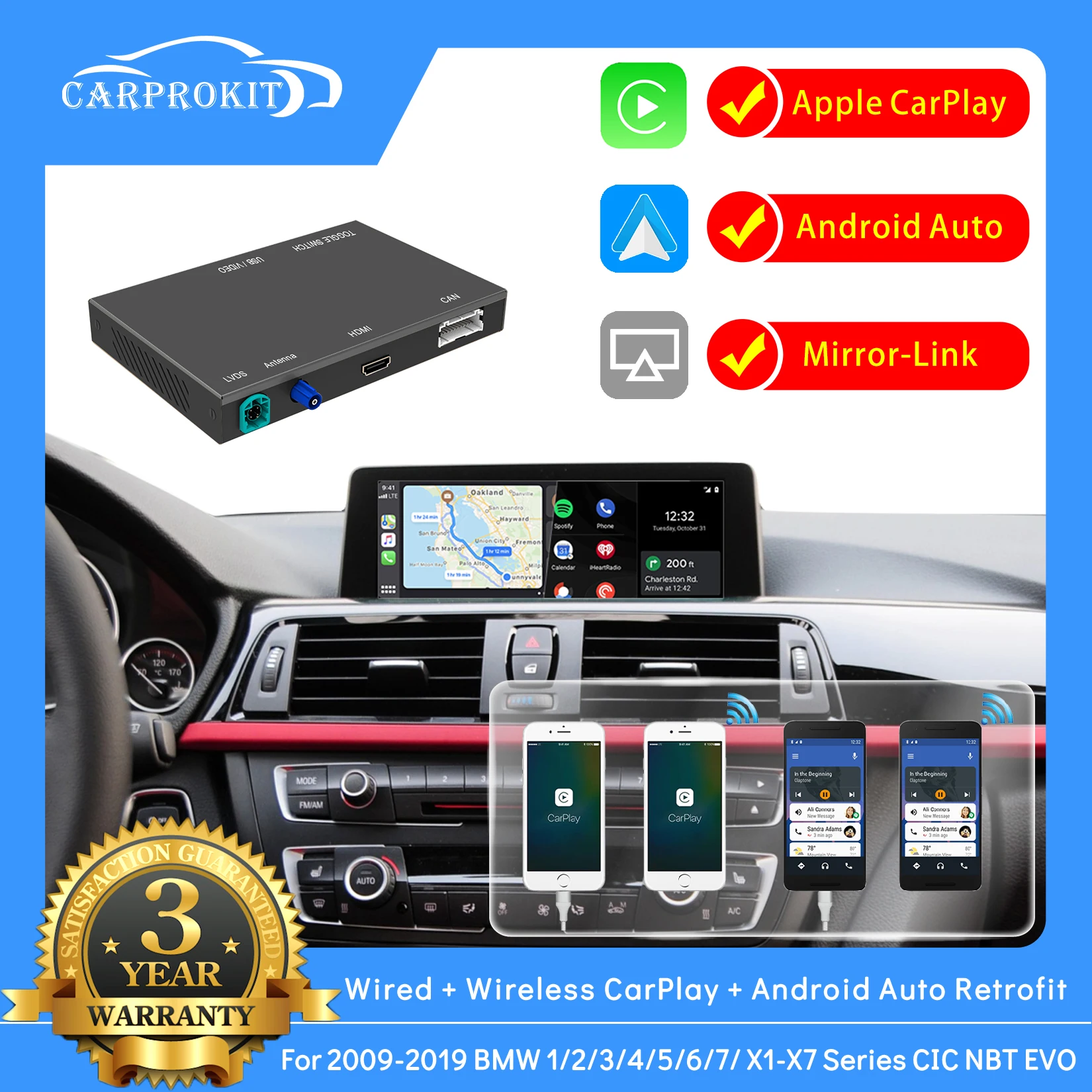 CarProKit Wireless CarPlay Android Auto Mirroring Retrofit Decoder Kit for BMW 1/2/3/4/5/6/7 X1-X7 2009-2019 CIC NBT EVO Systems 
CarProKit Wireless CarPlay Android Auto Mirroring Retrofit Decoder Kit for BMW 1/2/3/4/5/6/7 X1-X7 2009-2019 CIC NBT EVO Systems