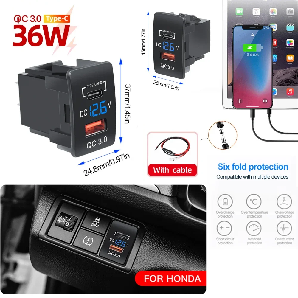 

Автомобильное зарядное устройство QC3.0 USB PD Type-C с портом быстрой зарядки, автомобильный адаптер со стандартным вольтметром 37x2, 4 мм/45x26 мм для автомобилей Honda