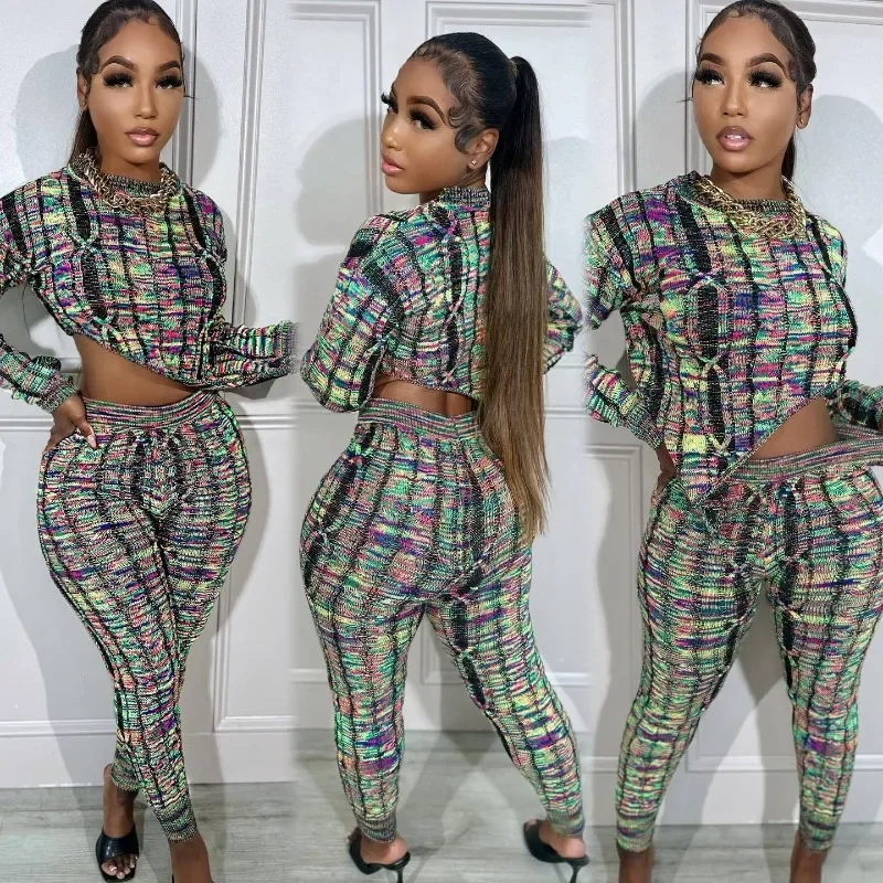 Colorful Knitted Women Sweater Two Piece Set Long Sleeve Asymmetrical Pullovers Crop Top High Waist Pencil Pants Casual Suits 
Colorful Knitted Women Sweater Two Piece Set Long Sleeve Asymmetrical Pullovers Crop Top High Waist Pencil Pants Casual Suits