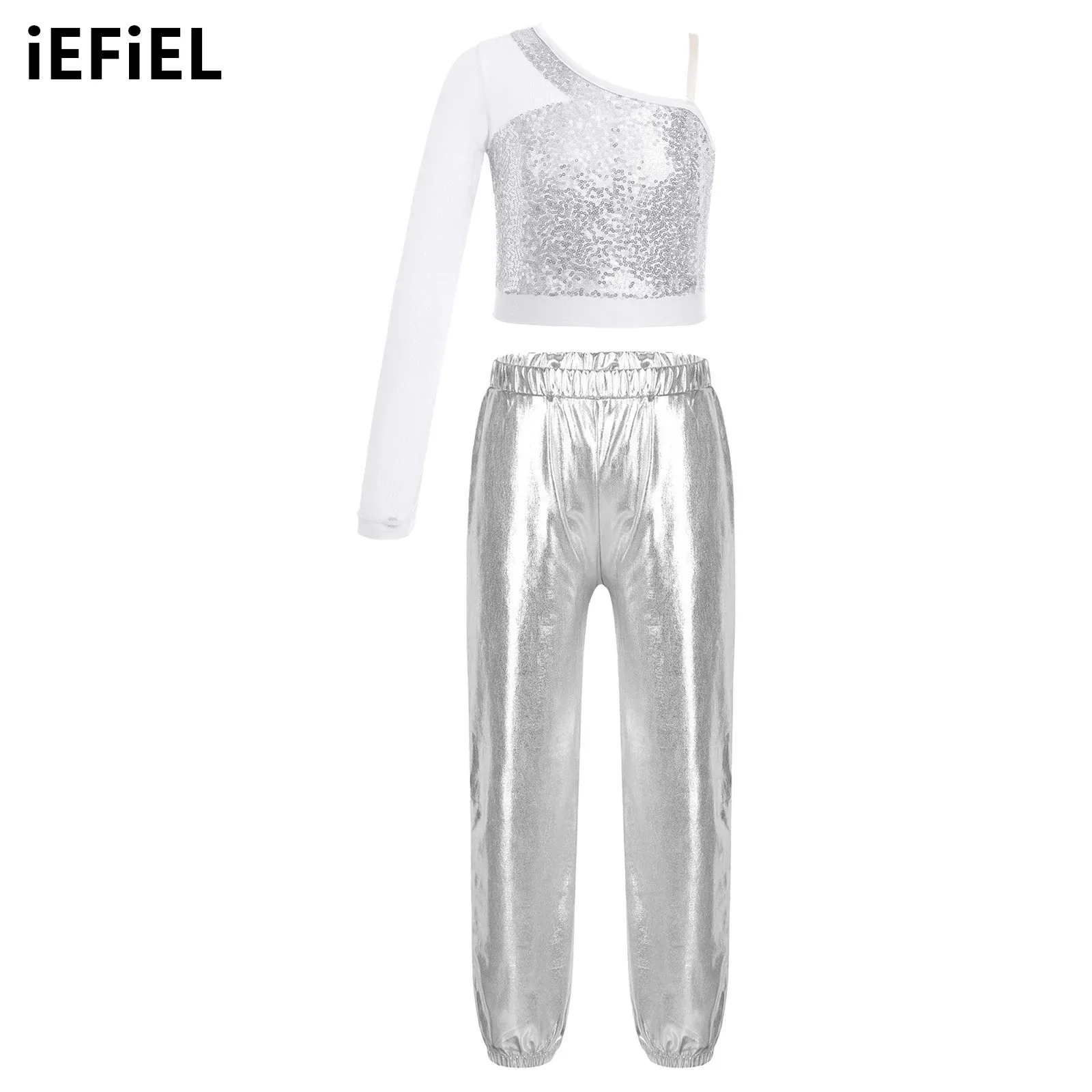 Kids Girls Dance Costume Outfit Sequins Dance Top Sheer Mesh Long Sleeve One Shoulder Crop Top with Metallic High Waist Pants
Kids Girls Dance Costume Outfit Sequins Dance Top Sheer Mesh Long Sleeve One Shoulder Crop Top with Metallic High Waist Pants