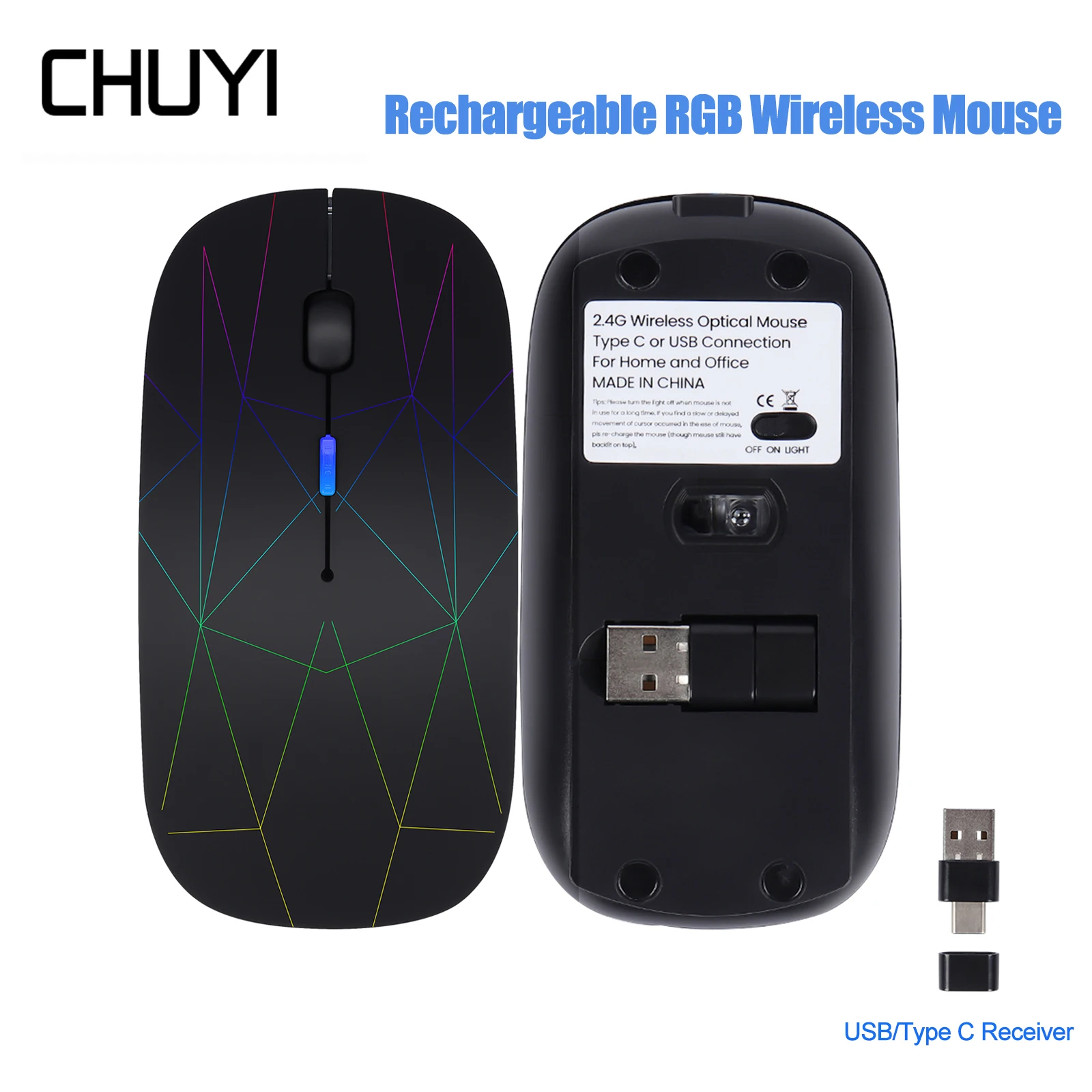 CHUYI 2.4G Rechargeable Wireless Mouse RGB LED Slim Silent 1600 DPI Mause USB And Type C 2 In 1n 1 Receiver Mice for MacBook Air
CHUYI 2.4G Rechargeable Wireless Mouse RGB LED Slim Silent 1600 DPI Mause USB And Type C 2 In 1n 1 Receiver Mice for MacBook Air