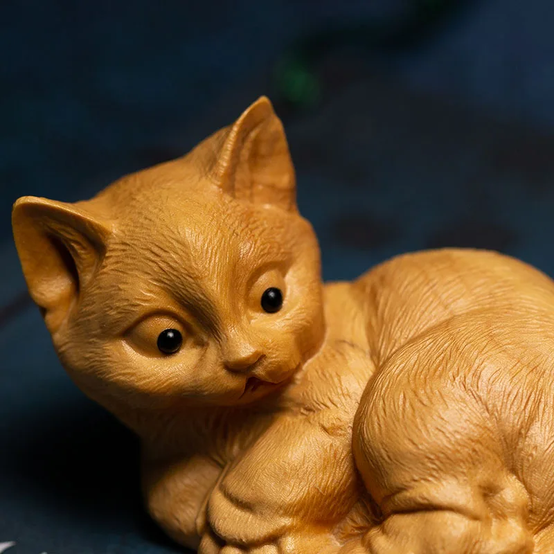 

XS141-8 CM Hand Carved Boxwood Carving Figurine Animal Statue Home Decor -Lucky Cat Sculpture Folk Crafts