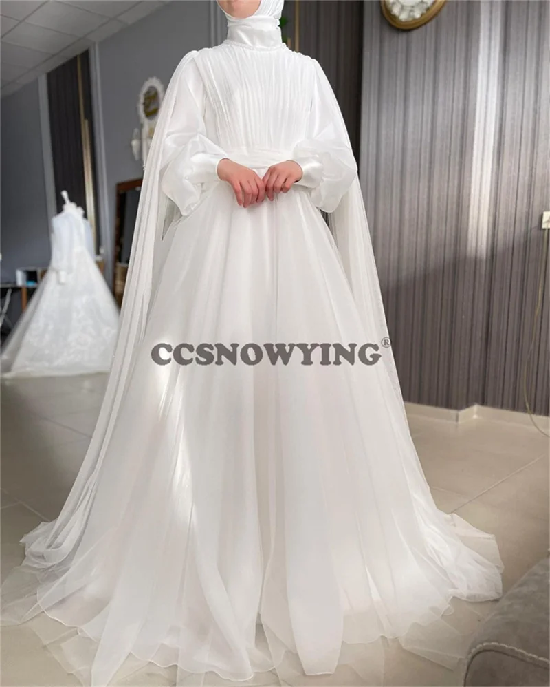 

Elegant Tulle Muslim Wedding Dress for Bride Long Sleeve with Cape Bridal Gown Hijab Dubai Arabic Robe De Vestidos De Novia