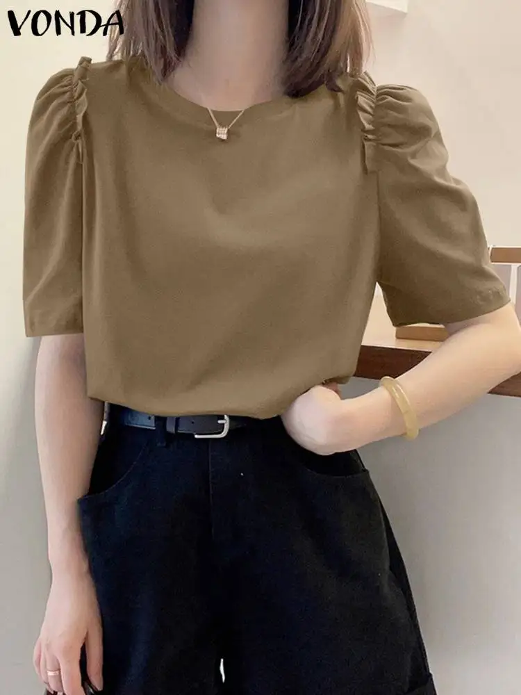 

VONDA Women Blouse 2024 Tunic Tops Summer Casual Solid Color Shirts Ladies Short Sleeve Loose Elegant Ruffled Blusas Femininas