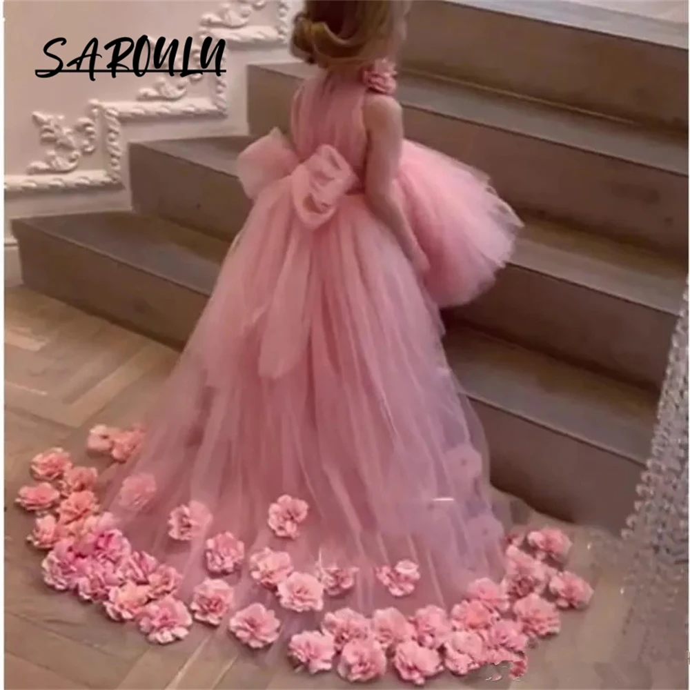 

Lovely Tulle Pink Flower Girl Dresses for Weddings High Neck Sleeves Sweep Train 3D Floral Applique Communion Dress Girls