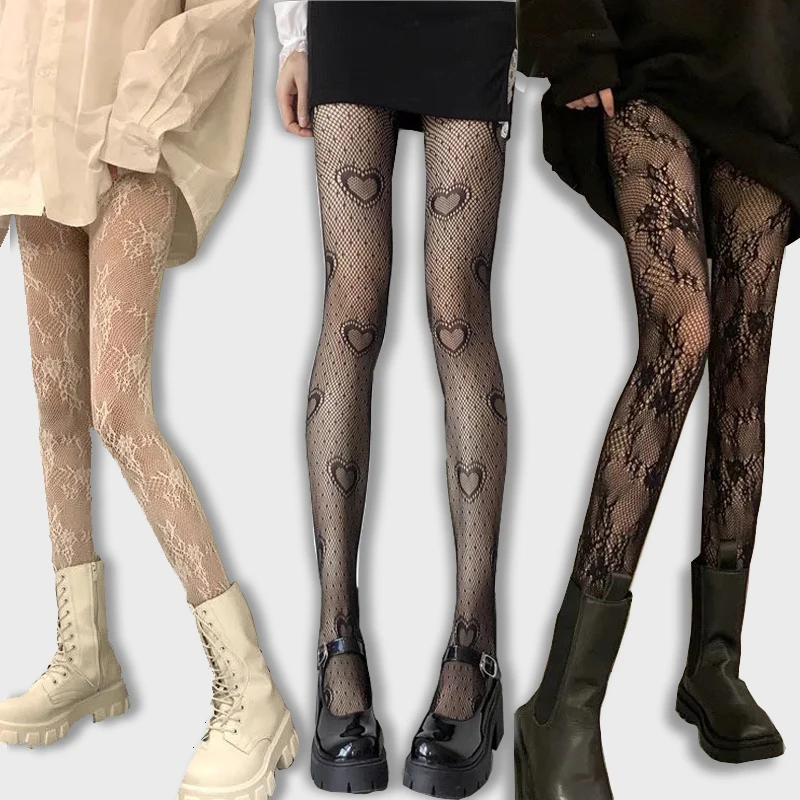 

Gothic Tights Women Leggings Lolita Hollowed Out Mesh Stockings Japanese Bottomed Lace Pantyhose Floral Rattan Black Stocking