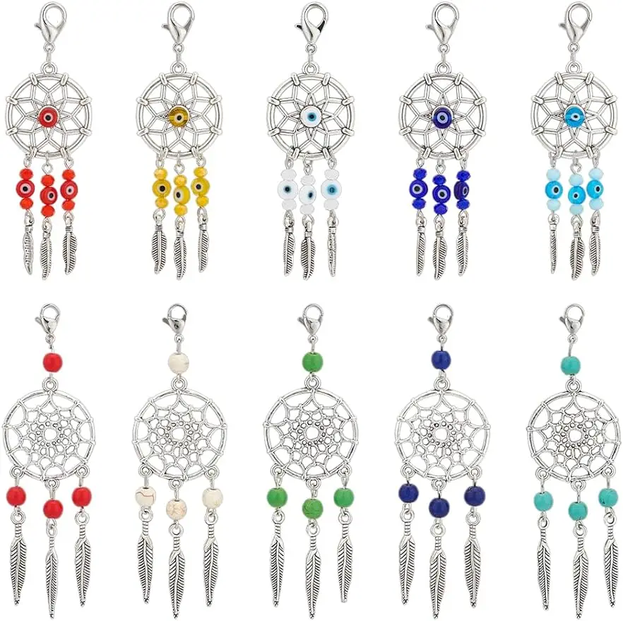 

24Pcs 2Styles Dreamcatcher Charms Natural Gemstone and Evil Eye Lampwork Beads Embellished Alloy Keychain Pendants