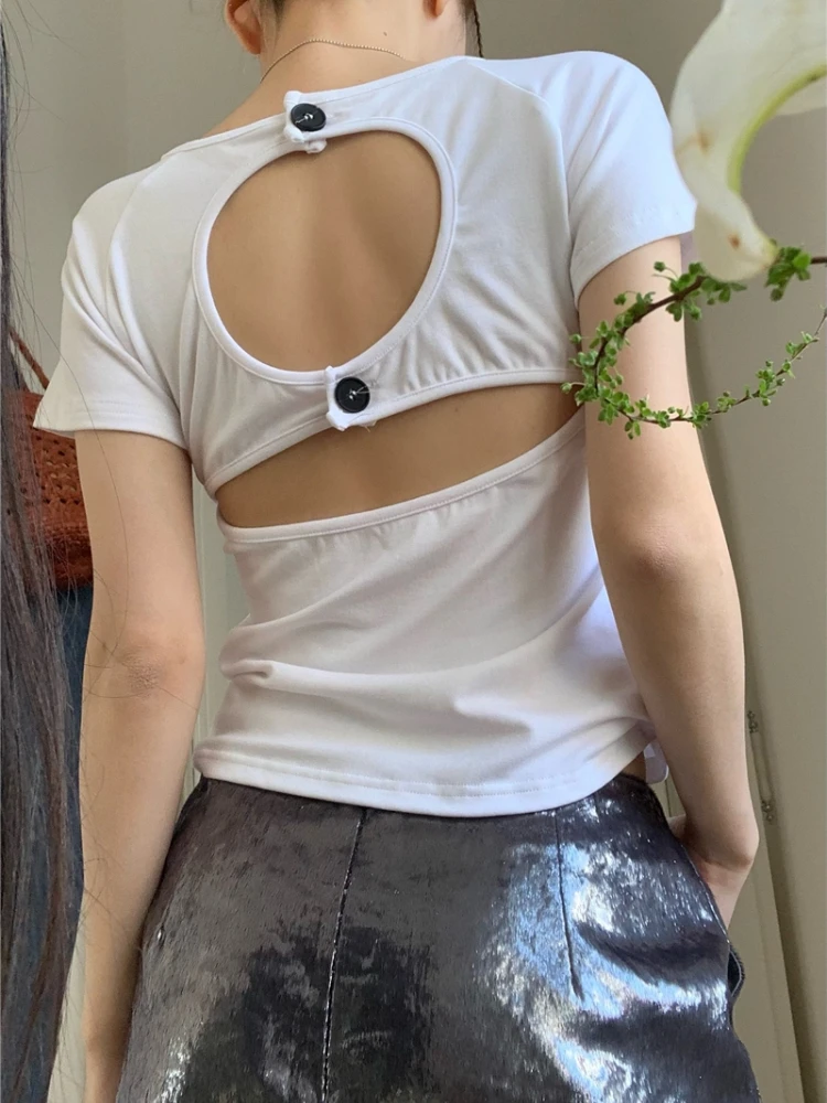 Women's Sexy Hollow Out Open Back T-shirt Summer Short Sleeve Lady Button Top Korean Night Club Party Slimming Elegant Tee
Women's Sexy Hollow Out Open Back T-shirt Summer Short Sleeve Lady Button Top Korean Night Club Party Slimming Elegant Tee