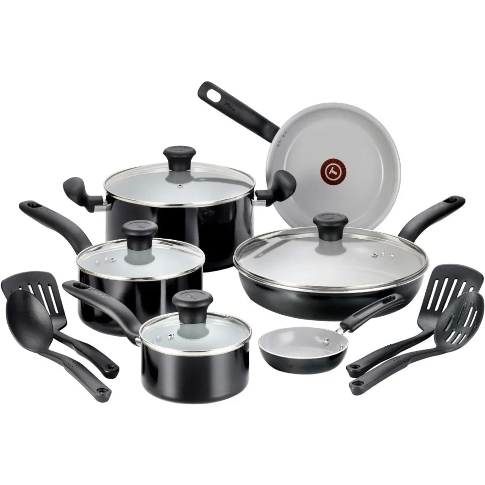 

T-fal Initiatives Ceramic Nonstick Cookware Set 14 Piece Oven Safe 350F Pots and Pans Black