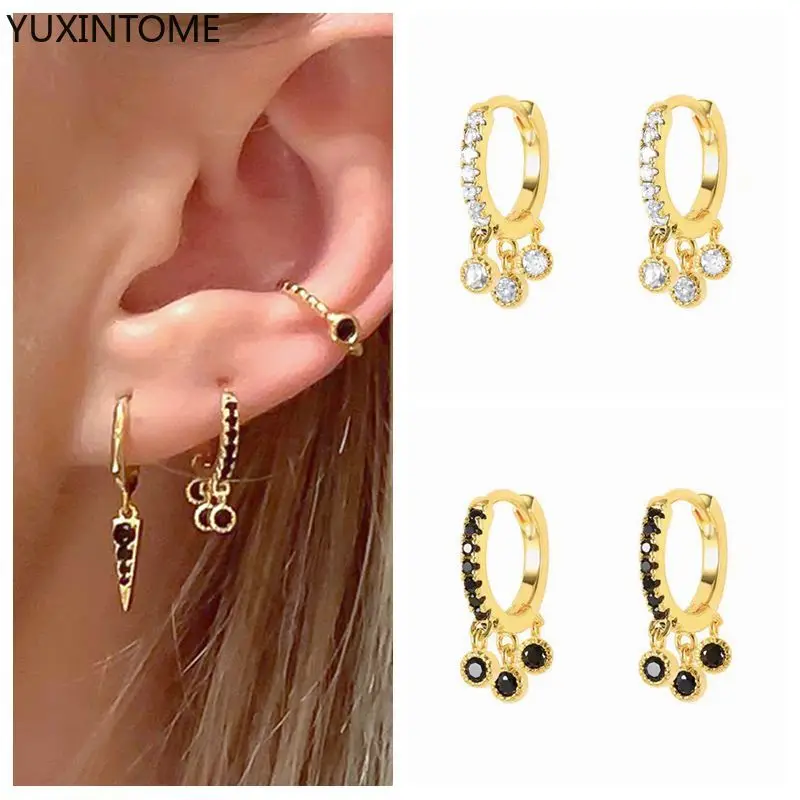 

New 925 Sterling Silver Ear Needle Tassel Pendant Zircon Hoop Earrings Pierced Gold Earrings for women Fashion Wedding Jewelry