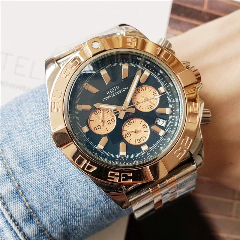 

Luxury Mens Quartz Chronograph Watch Rose Gold Black Blue Leather Stopwatch Stainless Steel Luminous Sapphire Calendar