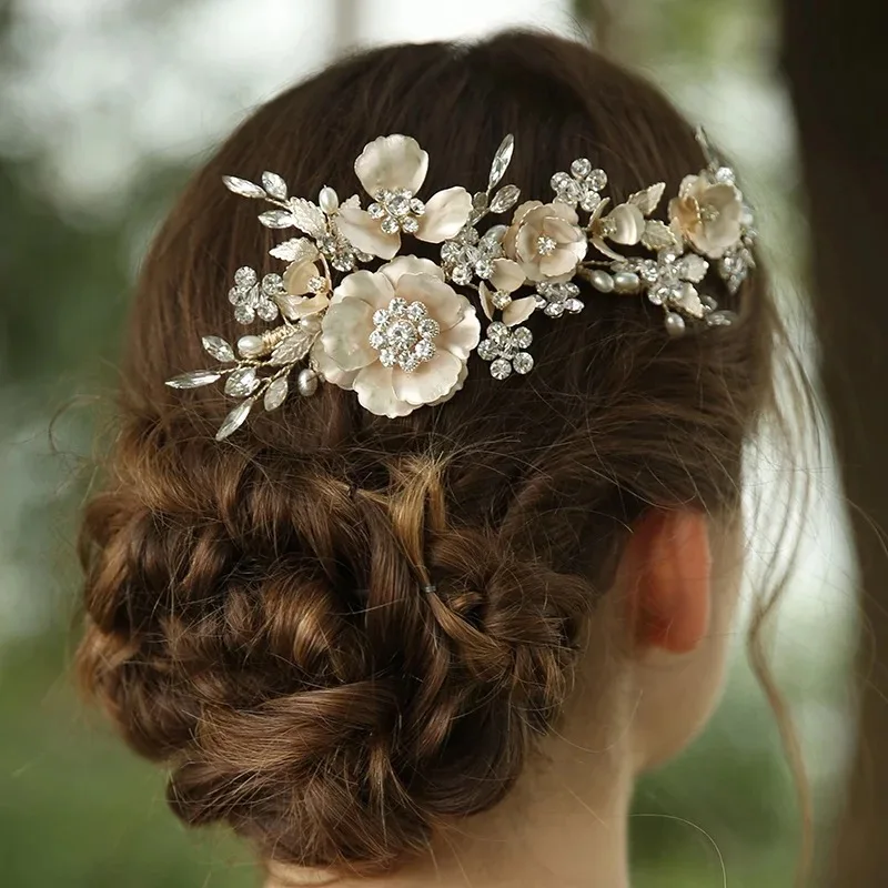 

Vintage Metal Flower Bridal Hair Comb Handmade Crystal Beaded Wedding Headpiece Party Prom Hair Jewelry
