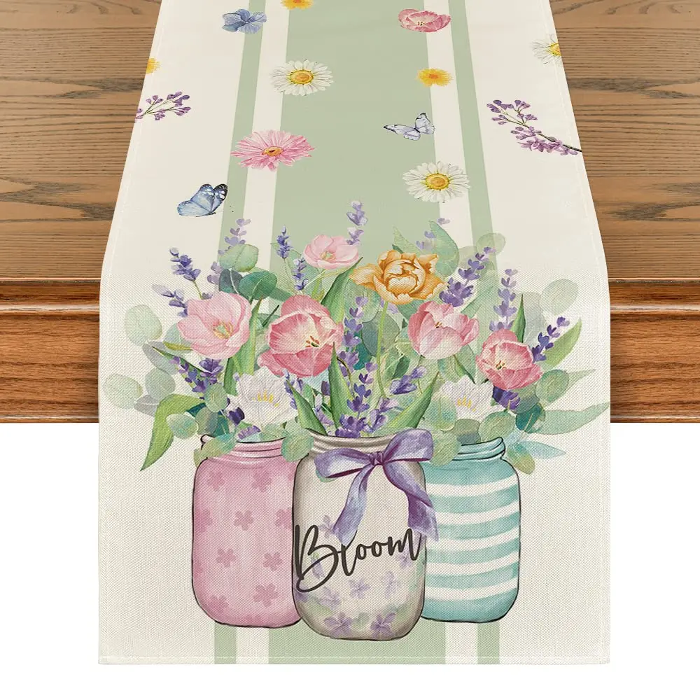 

Vase Bloom Tulip Lavender Summer Table Runner, Seasonal Spring Kitchen Dining Table Decoration for Home Party Decor