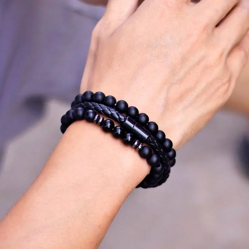 Noter 3pcs Men Bracelet Set 8mm Natural Onyx Tiger Eyes Stone Braclet Homme Magentic Clasp Leather Braslet Pulsera Hombre Gift Noter 3pcs Men Bracelet Set 8mm Natural Onyx Tiger Eyes Stone Braclet Homme Magentic Clasp Leather Braslet Pulsera Hombre Gift