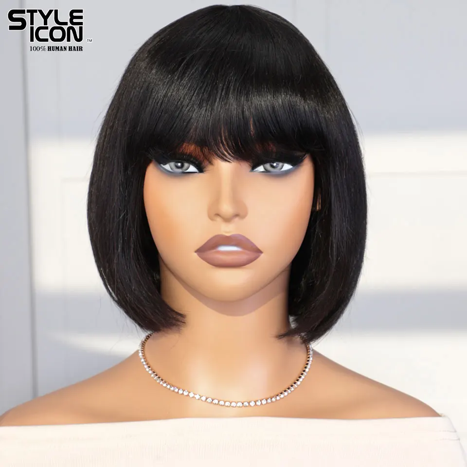 

Brazilian Human Hair Wig with Bangs Remy Straight Hair Bob Wigs Full Machine Made Wig for Women 8-12 Inches Glueless Bob Wig