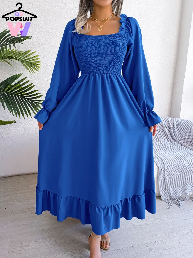 

Women Long Dress New in Spring Autumn Elegant Swing Skirt Square Collar Butterfly Sleeve High Waist Girdling Flounce Party Dress