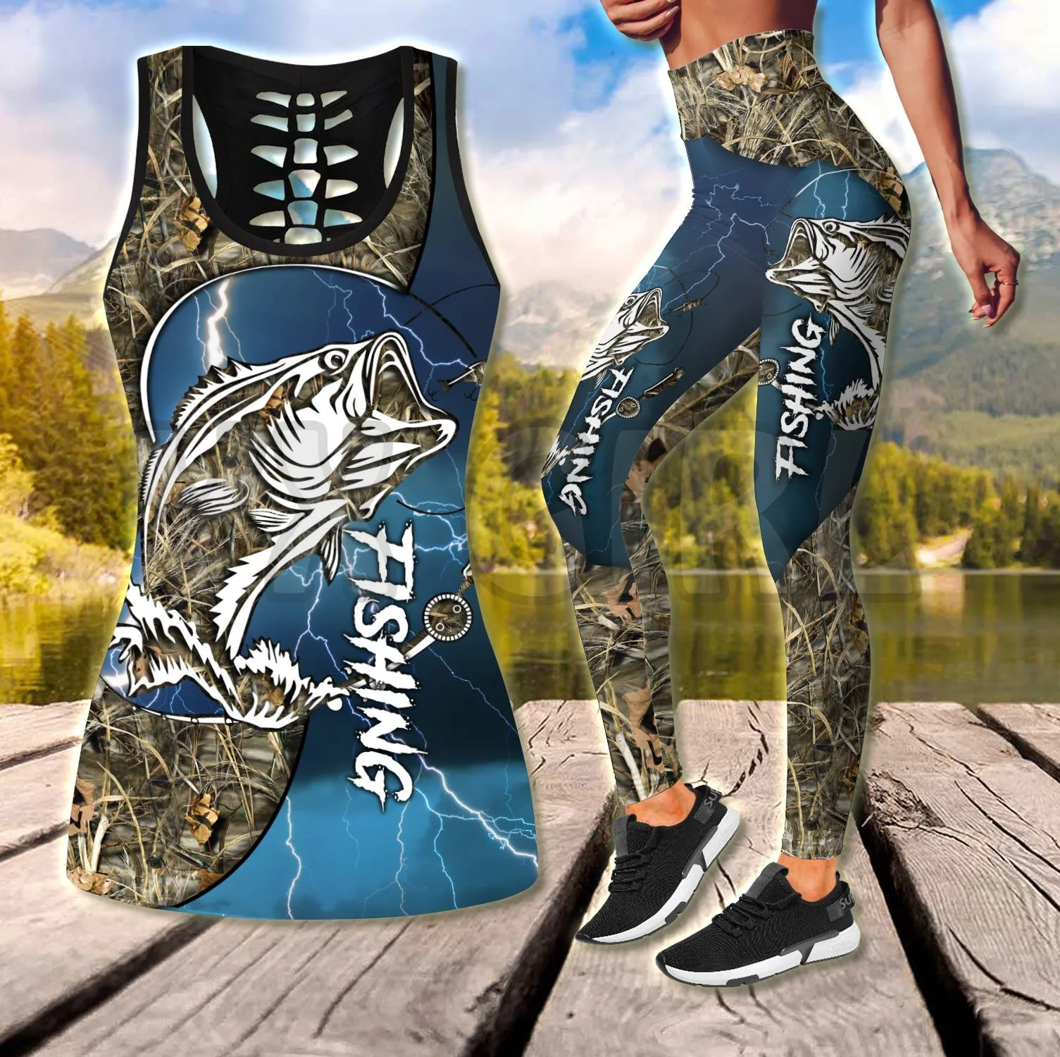 

Bass Fishing Blue Tattoos Camo 3D Printed Tank Top+Legging Combo Outfit Yoga Fitness Legging Women